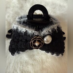 Black Camellia Designer Hair Clip Bow W/ Pearl Detail